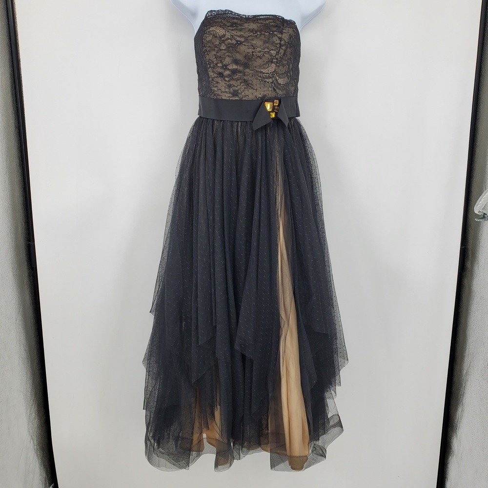 ABS‎ Allen Schwartz Black Lace Tulle Strapless Gown Jeweled Bow Dress 4 Witchy